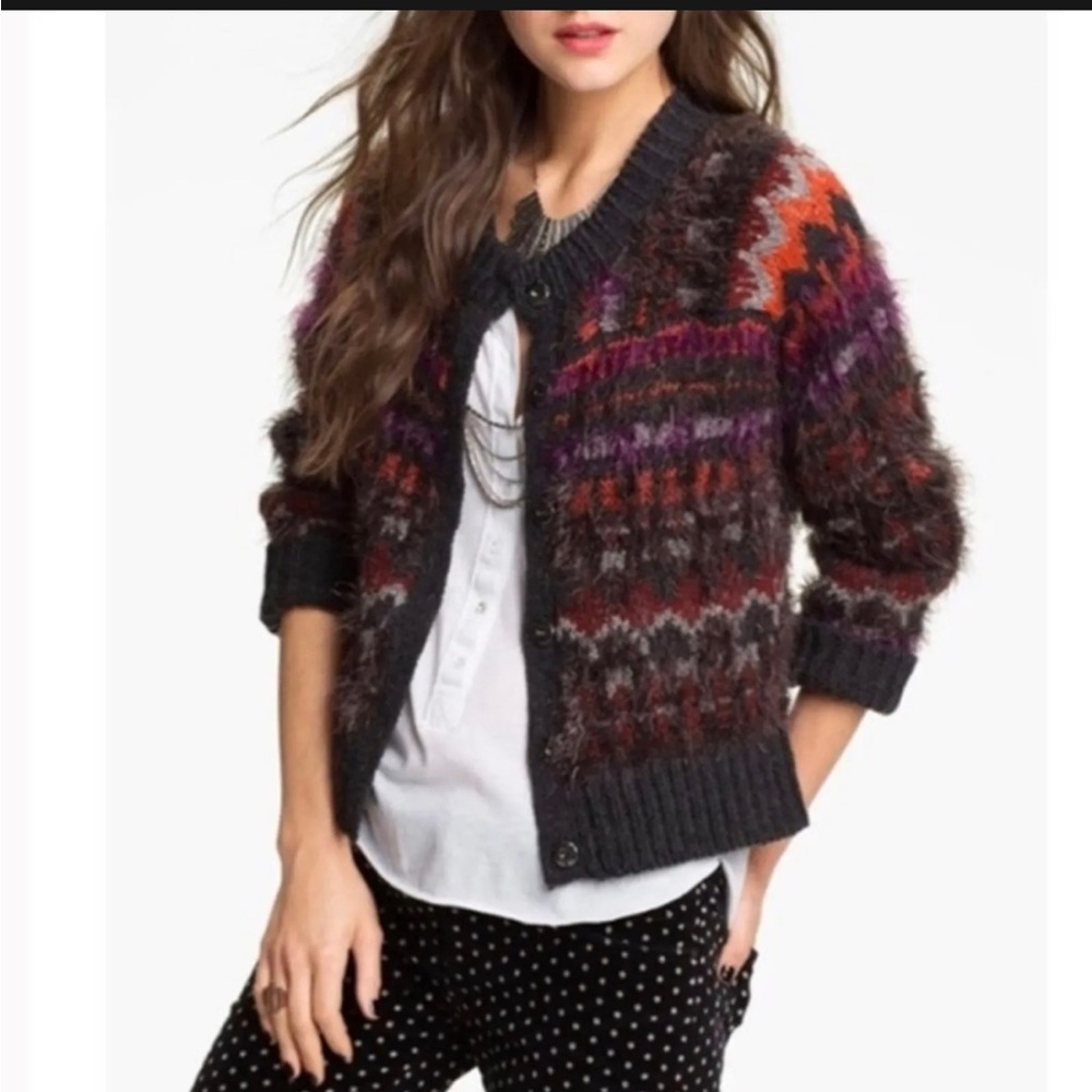 Free People Nordic Parti Eyelash Cardigan Sweater Fair Isle Gray Alpaca Size SM.